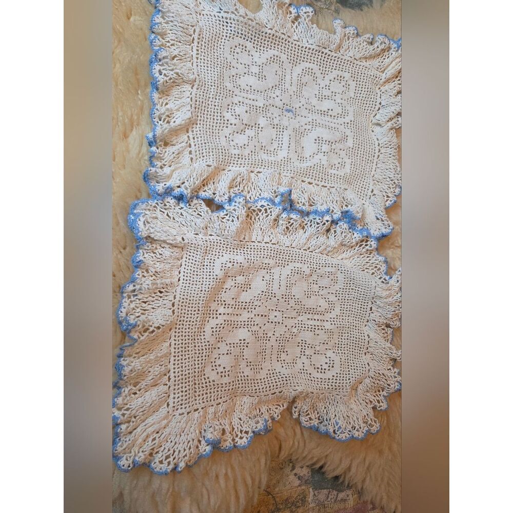 Handmade 2 Vintage Handmade Crocheted Doilies White with Blue Trim 9.5"×11.5"